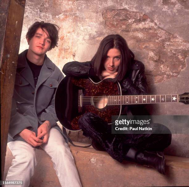 Portrait of Scottish musicians Johnny McElhone and Sharleen Spiteri, both of the group Texas, as they pose backstage at Schubas nightclub, Chicago,...