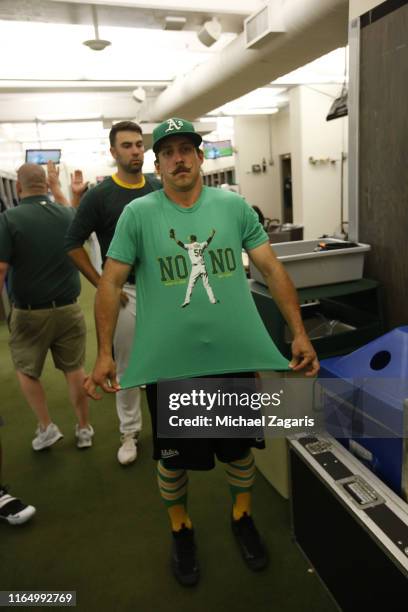 Daniel Mengden of the Oakland Athletics stands in the clubhouse following the game against the Seattle Mariners at the Oakland-Alameda County...