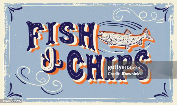 stockillustraties, clipart, cartoons en iconen met schattig hand geletterden vis n ' chips ondertekenen met vis en veel van texturen - fish and chips