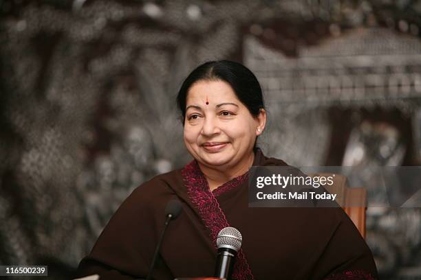 Tamil Nadu Chief Minister and AIADMK cheif J Jayalalithaa addressing a press conference in New Delhi on June 14,2011.