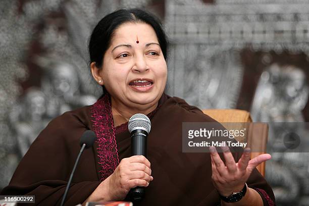 Tamil Nadu Chief Minister and AIADMK cheif J Jayalalithaa addressing a press conference in New Delhi on June 14,2011.
