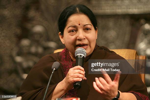 Tamil Nadu Chief Minister and AIADMK cheif J Jayalalithaa addressing a press conference in New Delhi on June 14,2011.