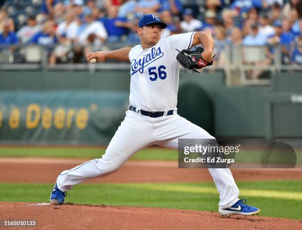 Starting pitcher Brad Keller of the Kansas City Royals throws in the first inning against the Toronto Blue Jays at Kauffman Stadium on July 29, 2019...