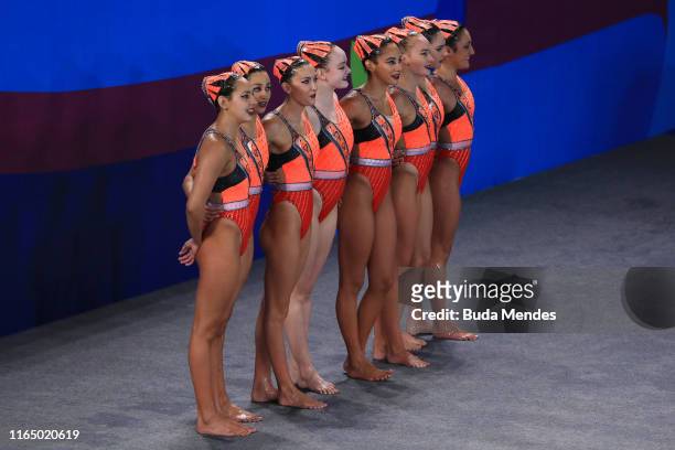 Team USA compete in women's artistic swimming team - technical Routine at Aquatic Center of Villa Deportiva Nacional on Day 3 of Lima 2019 Pan...