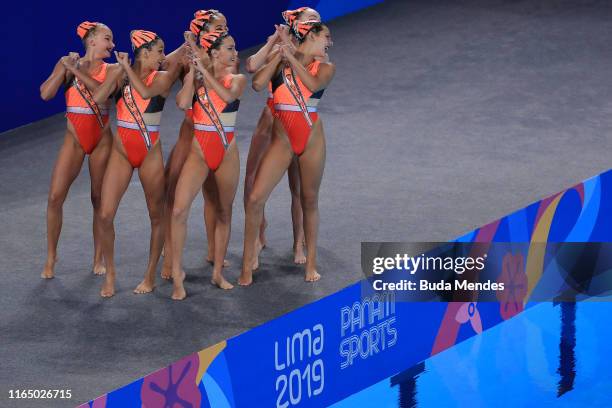 Team USA compete in women's artistic swimming team - technical Routine at Aquatic Center of Villa Deportiva Nacional on Day 3 of Lima 2019 Pan...