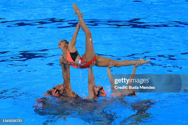 Team USA compete in women's artistic swimming team - technical Routine at Aquatic Center of Villa Deportiva Nacional on Day 3 of Lima 2019 Pan...