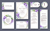 Set of wedding Invitation card, save the date, thank you, rsvp template.  Wreath , Petrea volubilis flower.