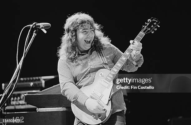 Bernie Marsden, guitarist with heavy rock band Whitesnake, playing the guitar on the set of a video shoot at Shepperton Studios, outside London,...