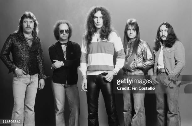 English rock group Uriah Heep, London, 1978. Left to right: drummer Lee Kerslake, singer John Lawton, guitar and keyboard player Ken Hersley, bassist...