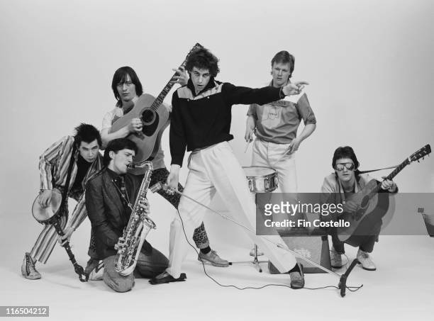 The Boomtown Rats , Irish punk band, pose in a group studio portrait, in April 1978.