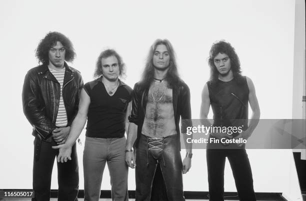 Drummer Alex Van Halen, bassist Michael Anthony, singer David Lee Roth and guitarist Eddie Van Halen), US hard rock band, pose for a group studio...