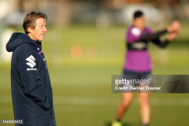 Storm Coach Craig Bellamy looks on during a Melbourne Storm NRL training session at Gosch's Paddock on July 30, 2019 in Melbourne, Australia.