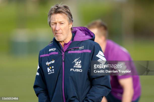 Storm Coach Craig Bellamy looks on during a Melbourne Storm NRL training session at Gosch's Paddock on July 30, 2019 in Melbourne, Australia.
