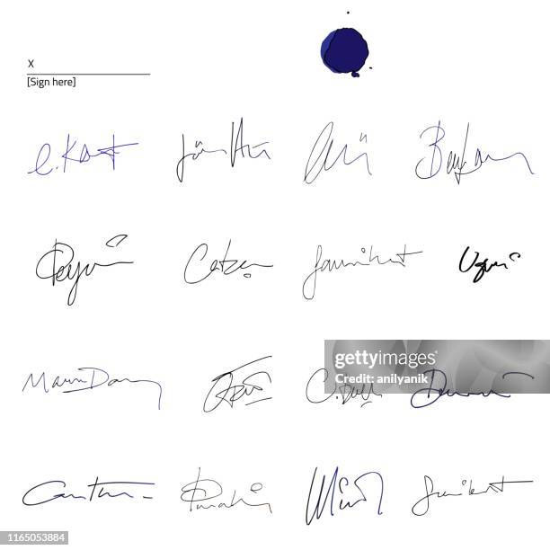 ilustraciones, imágenes clip art, dibujos animados e iconos de stock de conjunto de firmas - autograph