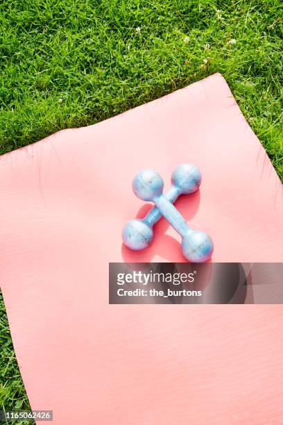 high angle view of dumbbells on red exercise mat on a meadow - hand weight stock pictures, royalty-free photos & images