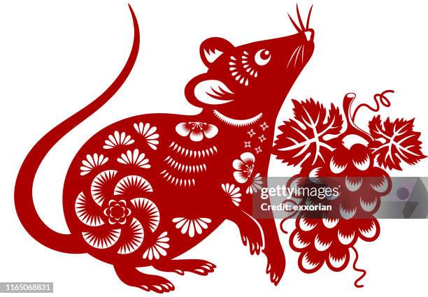 ilustrações de stock, clip art, desenhos animados e ícones de year of the rat papercut - símbolo do zodíaco chinês
