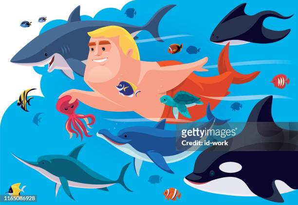 ilustraciones, imágenes clip art, dibujos animados e iconos de stock de merman nadando con criaturas marinas - angelfish