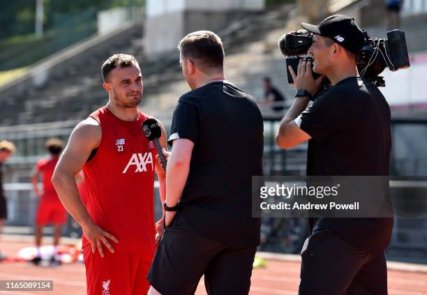 Xherdan Shaqiri of Liverpool during an interview after a training session on July 30, 2019 in Evian-les-Bains, France.