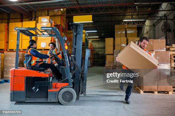 an industrial warehouse workplace safety topic.  a maleemployee injured by tripping over forklift forks. - injured worker stock pictures, royalty-free photos & images