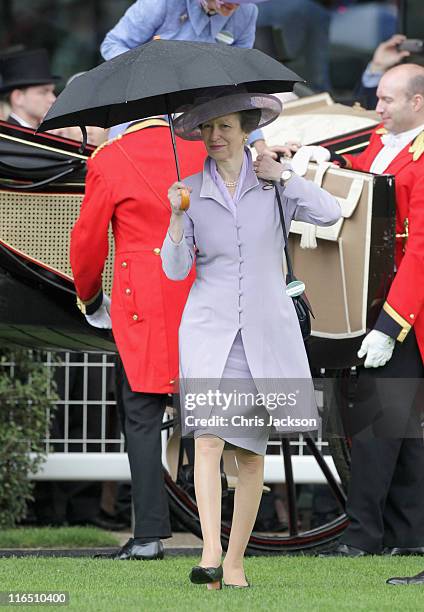 Princess Anne, Princess Royal arrives as part of the royal carriage procession on Ladies Day at Royal Ascot at Ascot Racecourse on June 14, 2011 in...