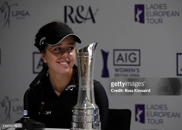 Georgia Hall of England talking to the press during the pro-am event prior to the AIG Women's British Open at Woburn Golf Club on July 30, 2019 in...