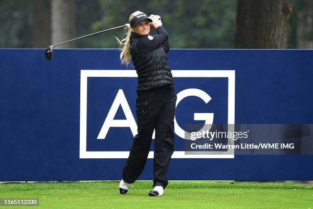 Carly Booth of Scotland tees off on the 2nd hole during the Pro-Am prior to the AIG Women's British Open at Woburn Golf Club on July 30, 2019 in...