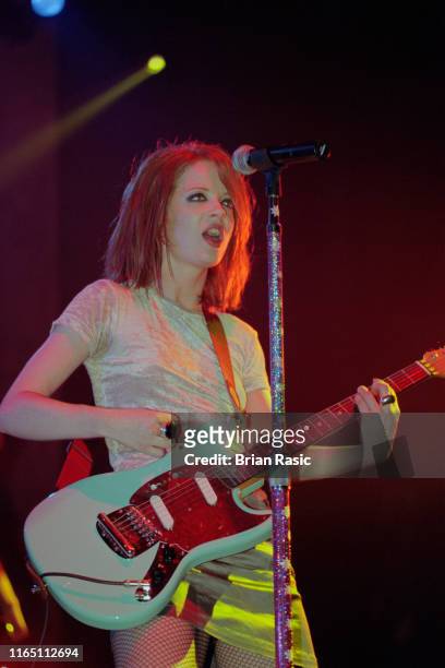 Scottish singer and musician Shirley Manson performs live on stage with American rock group Garbage at Brixton Academy in London on 24th March 1996.