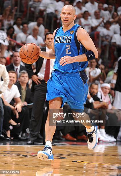 Jason Kidd of the Dallas Mavericks handles the ball during Game Six of the 2011 NBA Finals against the Miami Heat on June 12, 2011 at the American...