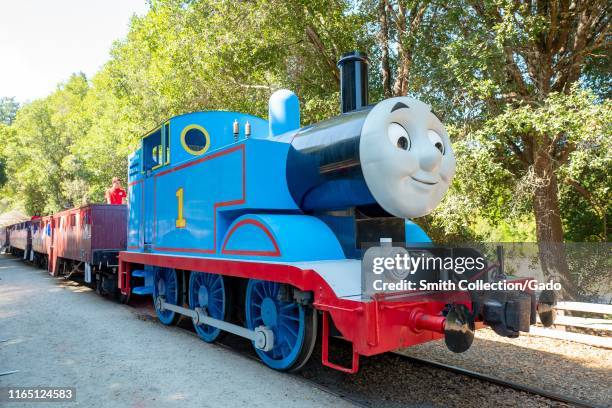 Large replica of Thomas the Tank Engine character is visible during a Day out With Thomas event by toymaker Mattel in Felton, California, July 26,...