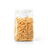 Transparent plastic pasta bag isolated on white background.