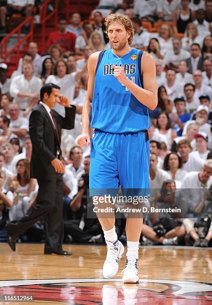 Dirk Nowitzki of the Dallas Mavericks reacts to a play during Game Six of the 2011 NBA Finals against the Miami Heat on June 12, 2011 at the American...