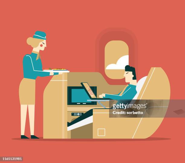 airline meal service - businessman - airplane first class stock illustrations