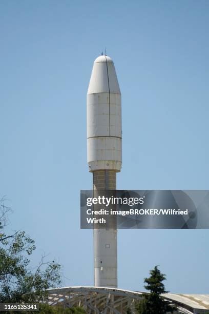 reproduction of the ariane launch vehicle on the expo 92 site, isla de la cartuja, seville, andalusia, spain - provincia de sevilla stock pictures, royalty-free photos & images