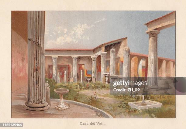 house of the vettier, pompeii, chromolithograph, published in 1896 - pompei stock illustrations