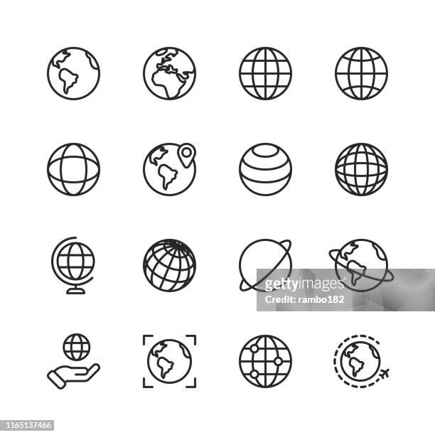 globe und kommunikationslinie icons. bearbeitbarer strich. pixel perfekt. für mobile und web. enthält symbole wie globe, map, navigation, global business, global communication. - globus stock-grafiken, -clipart, -cartoons und -symbole