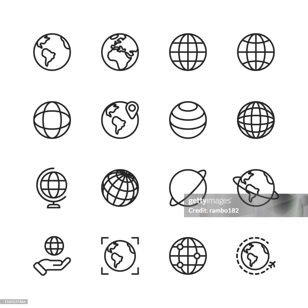 Iconos de globo y línea de comunicación. Trazo editable. Píxel perfecto. Para móviles y web. Contiene iconos como Globo, Mapa, Navegación, Negocio Global, Comunicación Global.