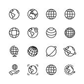 Globe and Communication Line Icons. Editable Stroke. Pixel Perfect. For Mobile and Web. Contains such icons as Globe, Map, Navigation, Global Business, Global Communication.
