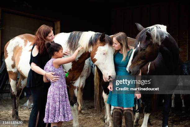 young girl with autism connecting with horses in a special center. - animal medical center stock pictures, royalty-free photos & images