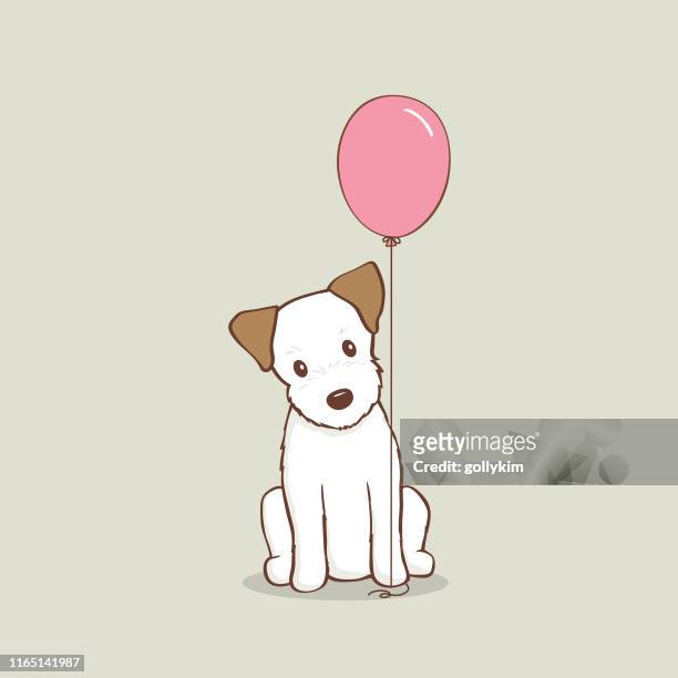 illustrazioni stock, clip art, cartoni animati e icone di tendenza di jack russell terrier puppy con illustrazione vettoriale palloncino rosa - terrier jack russell