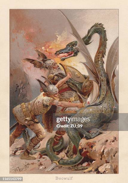 stockillustraties, clipart, cartoons en iconen met beowulf vechten tegen een draak, middeleeuws engels gedicht, chromolithograph, 1896 - kilt