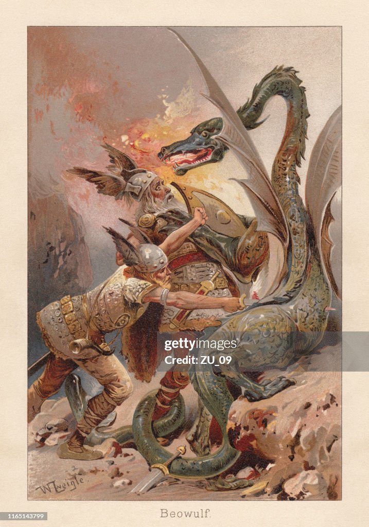 Beowulf fighting against a dragon, medieval English poem, chromolithograph, 1896
