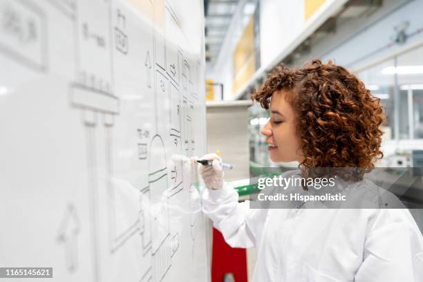 allegra studentessa che lavora al laboratorio di univrsity usando una lavagna bianca - women in stem foto e immagini stock