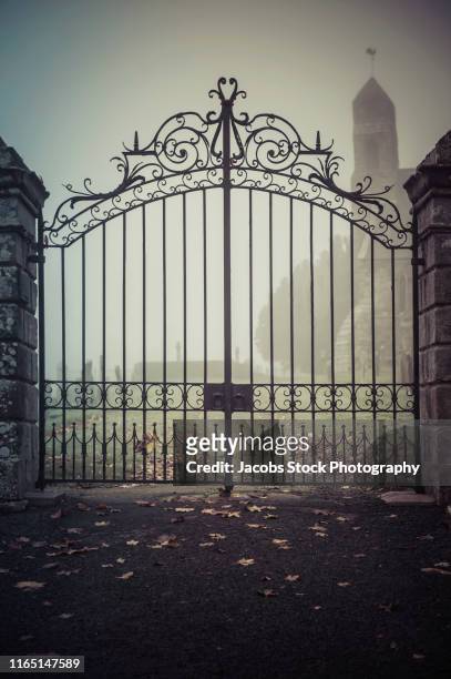 wrought iron gates into cemetery - ferro battuto foto e immagini stock