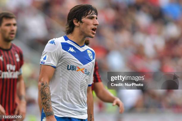 Sandro Tonali of Brescia Calcio during the Serie A match between AC Milan and Brescia Calcio at Stadio Giuseppe Meazza on August 31, 2019 in Milan,...