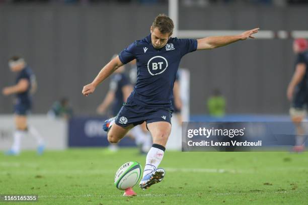 Greig Laidlow of Scotland kicks the conversion during the rugby international match between Georgia and Scotland at Dinamo Arena on August 31, 2019...
