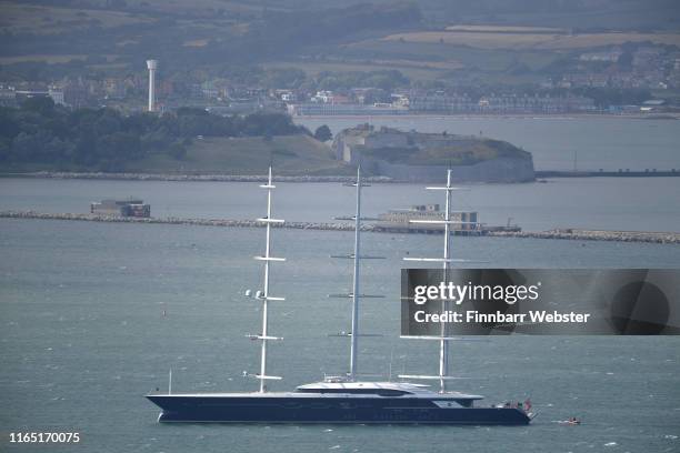 Sailing yacht Black Pearl moored on July 30 in Portland harbour, England. The 106-metre, 200 million dollar, mega yacht was designed and built to...