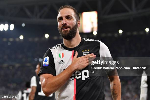 Gonzalo Higuain of Juventus celebrates his goal of 2-0 during the Serie A match between Juventus and SSC Napoli at Allianz Stadium on August 31, 2019...