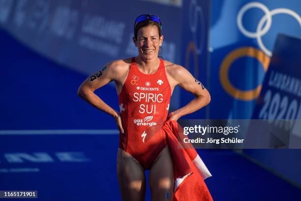 Nicola Spirig of Swiss after the women's elite olympic race at the ITU World Triathlon Grand Final on August 31, 2019 in Lausanne, Switzerland.
