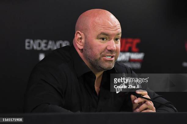 President Dana White attends the press conference after the UFC Fight Night event at Shenzhen Universiade Sports Centre on August 31, 2019 in...