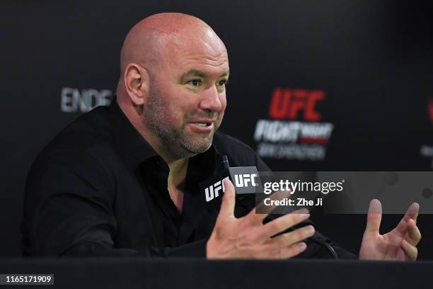 President Dana White attends the press conference after the UFC Fight Night event at Shenzhen Universiade Sports Centre on August 31, 2019 in...